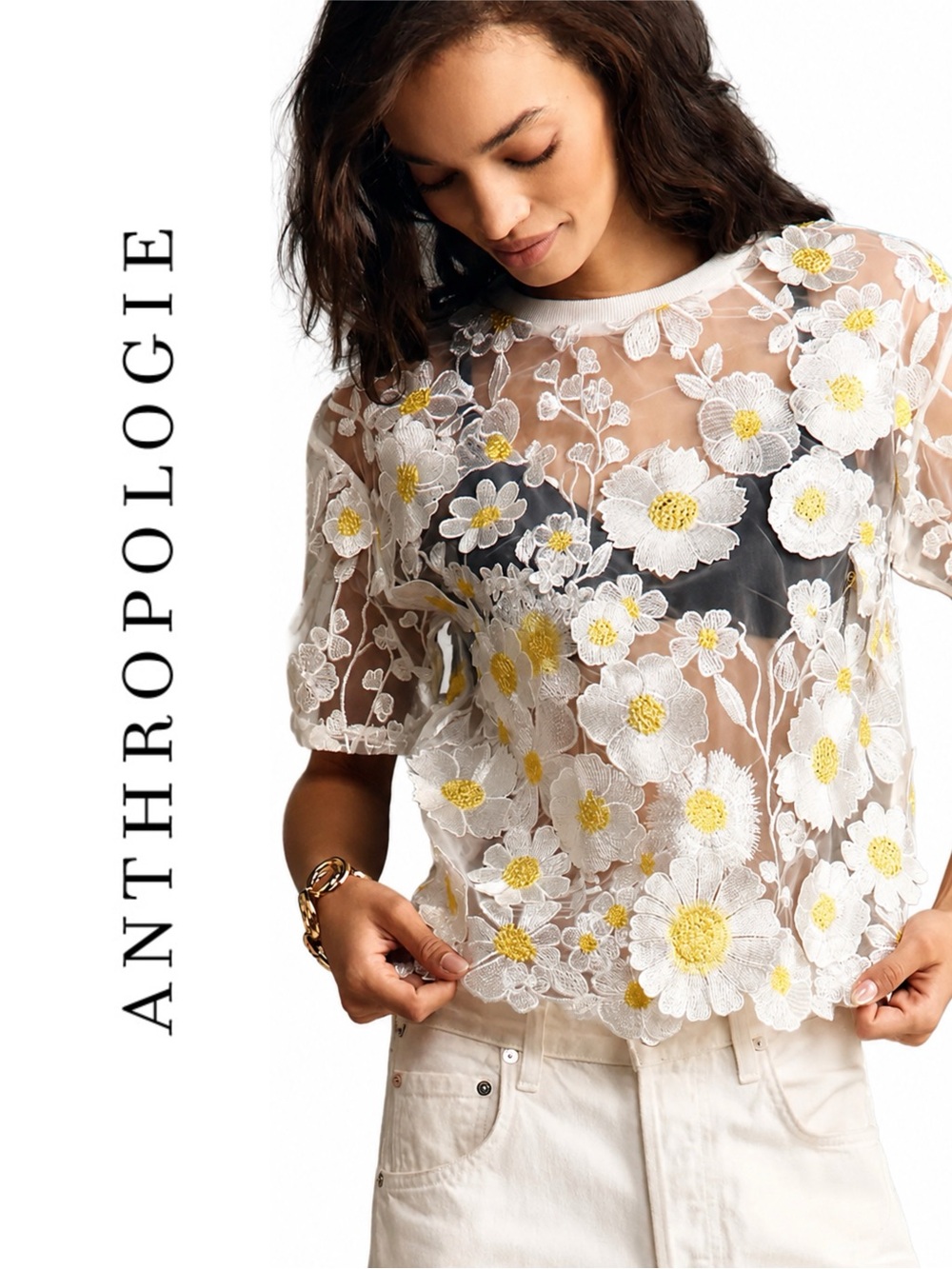 Anthropologie Dolan Left Coast Flower Appliqué Sheer Tee